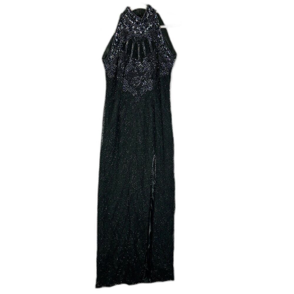 Adrianna Papell Evening Silk Beaded Gown Size 10 Black Special Occasion Formal